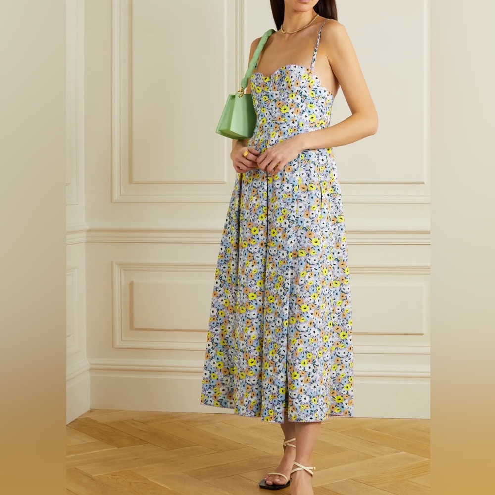 Agua by Agua Bendita Mambo pleated floral-print cotton-poplin midi dress NWT, Sm